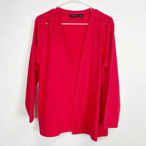 Susan Graver Weekend Cardigan Shirt Womens Large Red Open Front Eyelet